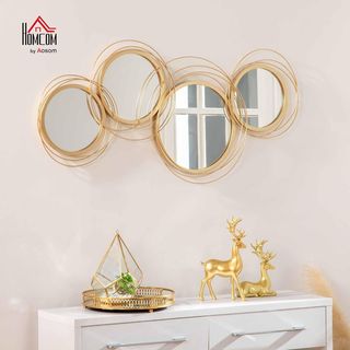 Decorazione Murale 3D in Metallo, Arte da Parete a Cerchi con Specchi 107X56Cm, Oro