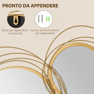 Decorazione Murale 3D in Metallo, Arte da Parete a Cerchi con Specchi 107X56Cm, Oro