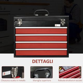 Scatola di strumenti in acciaio, valigetta vuota con 4 cassetti e vassoio superiore a doppia chiusura, 51X22X39.5 cm, rosso e nero