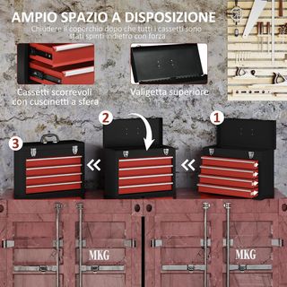 Scatola di strumenti in acciaio, valigetta vuota con 4 cassetti e vassoio superiore a doppia chiusura, 51X22X39.5 cm, rosso e nero