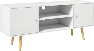 Mobile TV 55" Max con 2 armadi con porte e 2 ripiani aperti, console TV in legno e truciolato, 120X34X50 cm, bianco