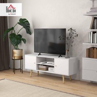 Mobile TV 55" Max con 2 armadi con porte e 2 ripiani aperti, console TV in legno e truciolato, 120X34X50 cm, bianco