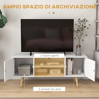 Mobile TV 55" Max con 2 armadi con porte e 2 ripiani aperti, console TV in legno e truciolato, 120X34X50 cm, bianco