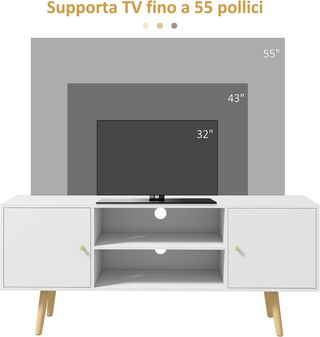 Mobile TV 55" Max con 2 armadi con porte e 2 ripiani aperti, console TV in legno e truciolato, 120X34X50 cm, bianco