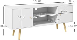 Mobile TV 55" Max con 2 armadi con porte e 2 ripiani aperti, console TV in legno e truciolato, 120X34X50 cm, bianco