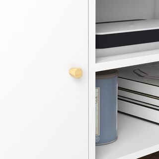 Mobile TV 55" Max con 2 armadi con porte e 2 ripiani aperti, console TV in legno e truciolato, 120X34X50 cm, bianco