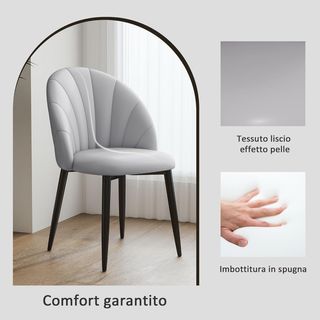 Set di 2 sedie da pranzo, sedie moderne con schienale a conchiglia e gambe in metallo, sedia imbottita in PU per cucina, camera da letto, ufficio e soggiorno, grigio chiaro