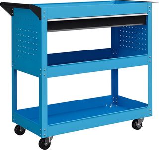Carrello portautensili con manico e pannello laterale, cassetto e 3 ripiani, carrello officina portautensili con 4 ruote (2 con freno) in lamiera d'acciaio per garage, 82X35X76 cm, blu
