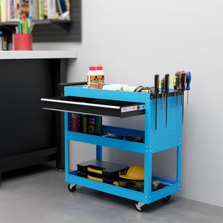 Carrello portautensili con manico e pannello laterale, cassetto e 3 ripiani, carrello officina portautensili con 4 ruote (2 con freno) in lamiera d'acciaio per garage, 82X35X76 cm, blu