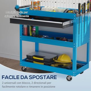 Carrello portautensili con manico e pannello laterale, cassetto e 3 ripiani, carrello officina portautensili con 4 ruote (2 con freno) in lamiera d'acciaio per garage, 82X35X76 cm, blu