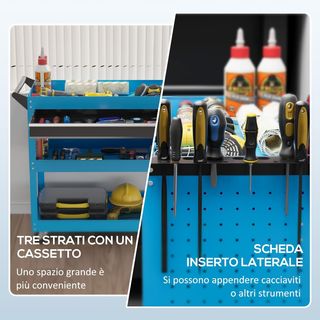 Carrello portautensili con manico e pannello laterale, cassetto e 3 ripiani, carrello officina portautensili con 4 ruote (2 con freno) in lamiera d'acciaio per garage, 82X35X76 cm, blu