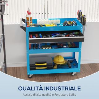 Carrello portautensili con manico e pannello laterale, cassetto e 3 ripiani, carrello officina portautensili con 4 ruote (2 con freno) in lamiera d'acciaio per garage, 82X35X76 cm, blu