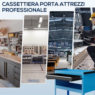 Carrello portautensili con manico e pannello laterale, cassetto e 3 ripiani, carrello officina portautensili con 4 ruote (2 con freno) in lamiera d'acciaio per garage, 82X35X76 cm, blu