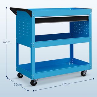Carrello portautensili con manico e pannello laterale, cassetto e 3 ripiani, carrello officina portautensili con 4 ruote (2 con freno) in lamiera d'acciaio per garage, 82X35X76 cm, blu