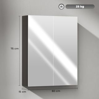 Armadio a Parete da Bagno con Due Ante e Specchio e 2 Ripiani Interni, Mobile da Bagno con Specchio e Chiusura Morbida in MDF, 60X15X75 Cm, Nero