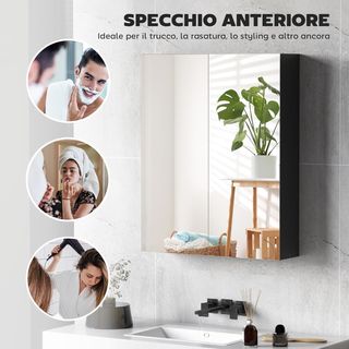 Armadio a Parete da Bagno con Due Ante e Specchio e 2 Ripiani Interni, Mobile da Bagno con Specchio e Chiusura Morbida in MDF, 60X15X75 Cm, Nero
