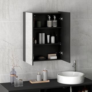 Armadio a Parete da Bagno con Due Ante e Specchio e 2 Ripiani Interni, Mobile da Bagno con Specchio e Chiusura Morbida in MDF, 60X15X75 Cm, Nero