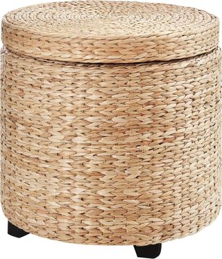 Pouf contenitore rotondo con rivestimento in rattan Lepironia, pouf con contenitore, tavolino, poggiapiedi, stile boho, Ø43x43cm, cachi