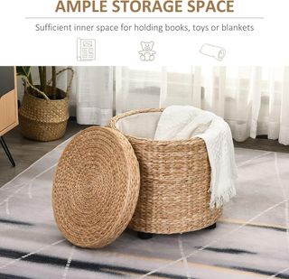 Pouf contenitore rotondo con rivestimento in rattan Lepironia, pouf con contenitore, tavolino, poggiapiedi, stile boho, Ø43x43cm, cachi