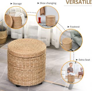 Pouf contenitore rotondo con rivestimento in rattan Lepironia, pouf con contenitore, tavolino, poggiapiedi, stile boho, Ø43x43cm, cachi