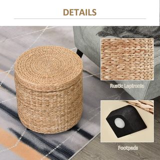 Pouf contenitore rotondo con rivestimento in rattan Lepironia, pouf con contenitore, tavolino, poggiapiedi, stile boho, Ø43x43cm, cachi