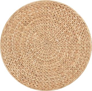 Pouf contenitore rotondo con rivestimento in rattan Lepironia, pouf con contenitore, tavolino, poggiapiedi, stile boho, Ø43x43cm, cachi
