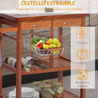 Carro de Cocina de Madera con Portabotellas, Cestillo, 2 Estantes, 2 Cajones, Madera de Pino, Resistente, Práctico, Versátil, 84.5X37.2X85Cm