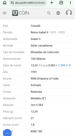 Moneda Oro Puro Canadá 7.78g