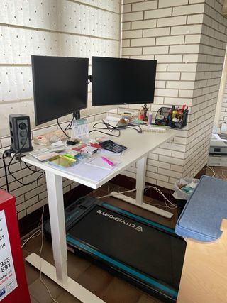 Escritorio ajustable y 2 monitores Dell con brazo