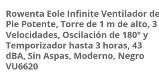 Ventilador Torre Rowenta Negro y Plata