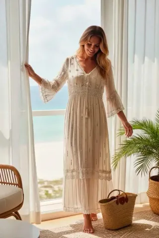 Vestido boho largo beige y blanco