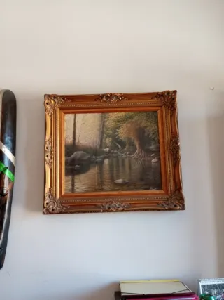 Cuadro al óleo paisaje río y árboles