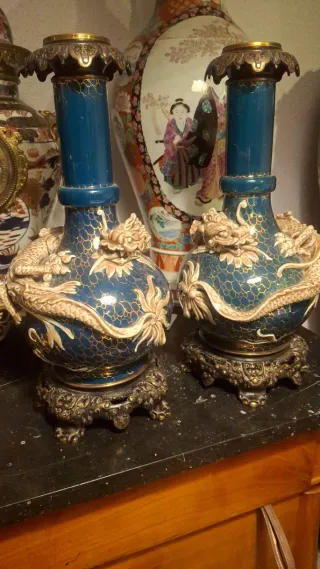 Pareja jarrones chinos dragones finales S.XIX