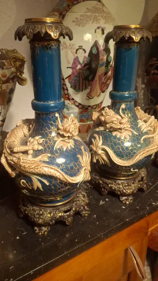 Pareja jarrones chinos dragones finales S.XIX