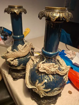 Pareja jarrones chinos dragones finales S.XIX