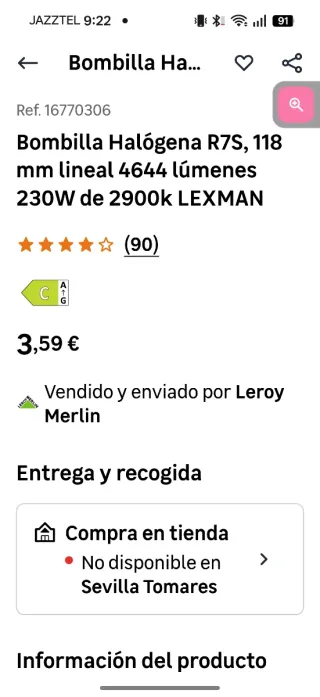 Lámpara Halógena R7S 118mm 230W 4644 Lúmenes
