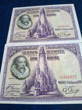 Pareja de billetes 100 pesetas 1928