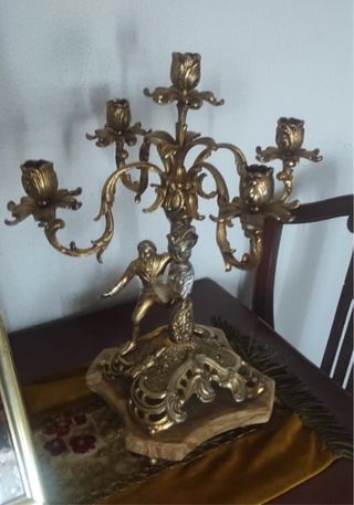 2 unidades Candelabro antiguo de metal y mármol