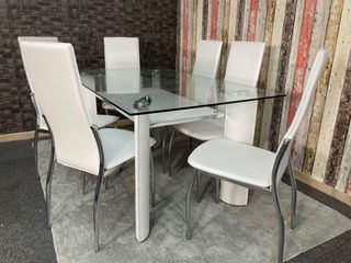 Mesa de Comedor de Vidrio Templado 150x90cm + 6 Sillas Modernas