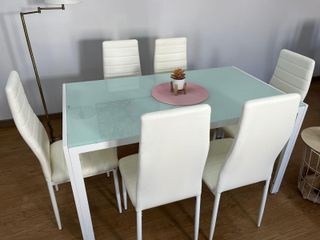 Mesa de Comedor de Cristal 140x80cm + 6 Sillas – Diseño Moderno