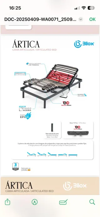 Cama articulada 105cm ancho, patas altas, nueva,