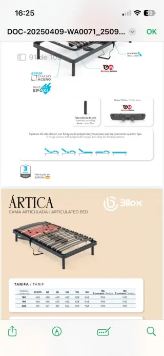 Cama articulada 105cm ancho, patas altas, nueva,