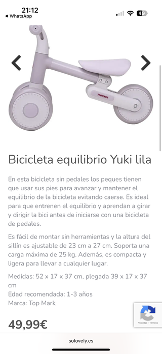 Bicicleta equilibrio Yuki lila Top Mark