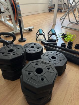 Bicicleta estática dual cross y mancuernas