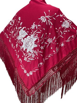 Manton Flamenco burdeos con Bordado Flores Blancas