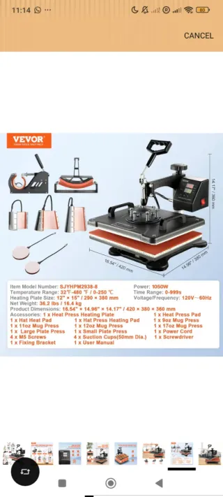 Prensa de Calor Vevor 8 en 1 Nueva en Caja