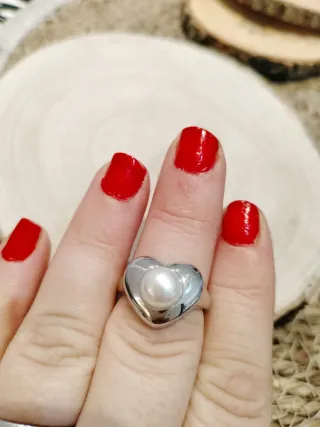 Anillo Plata Corazón Perla Ajustable