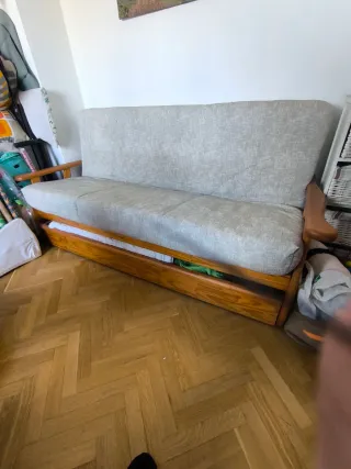 Sofá Cama Madera y Tela Beige