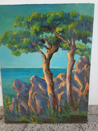 Dipinto paesaggio marino con alberi