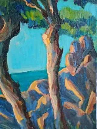 Dipinto paesaggio marino con alberi